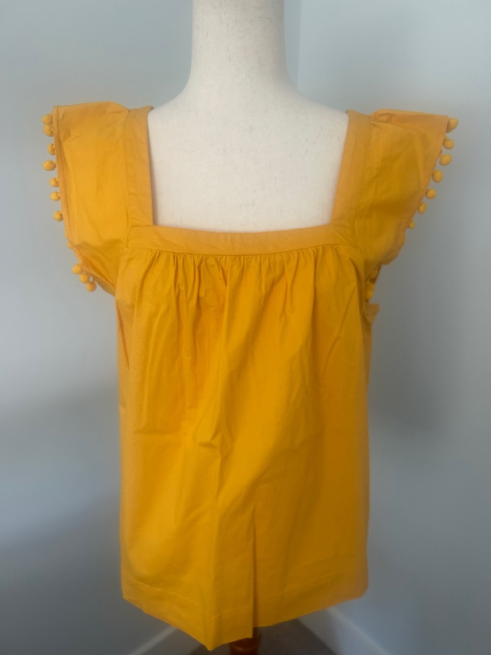 NWT J. Crew Mustard Square-Neck Pom-Pom Sleeve Top